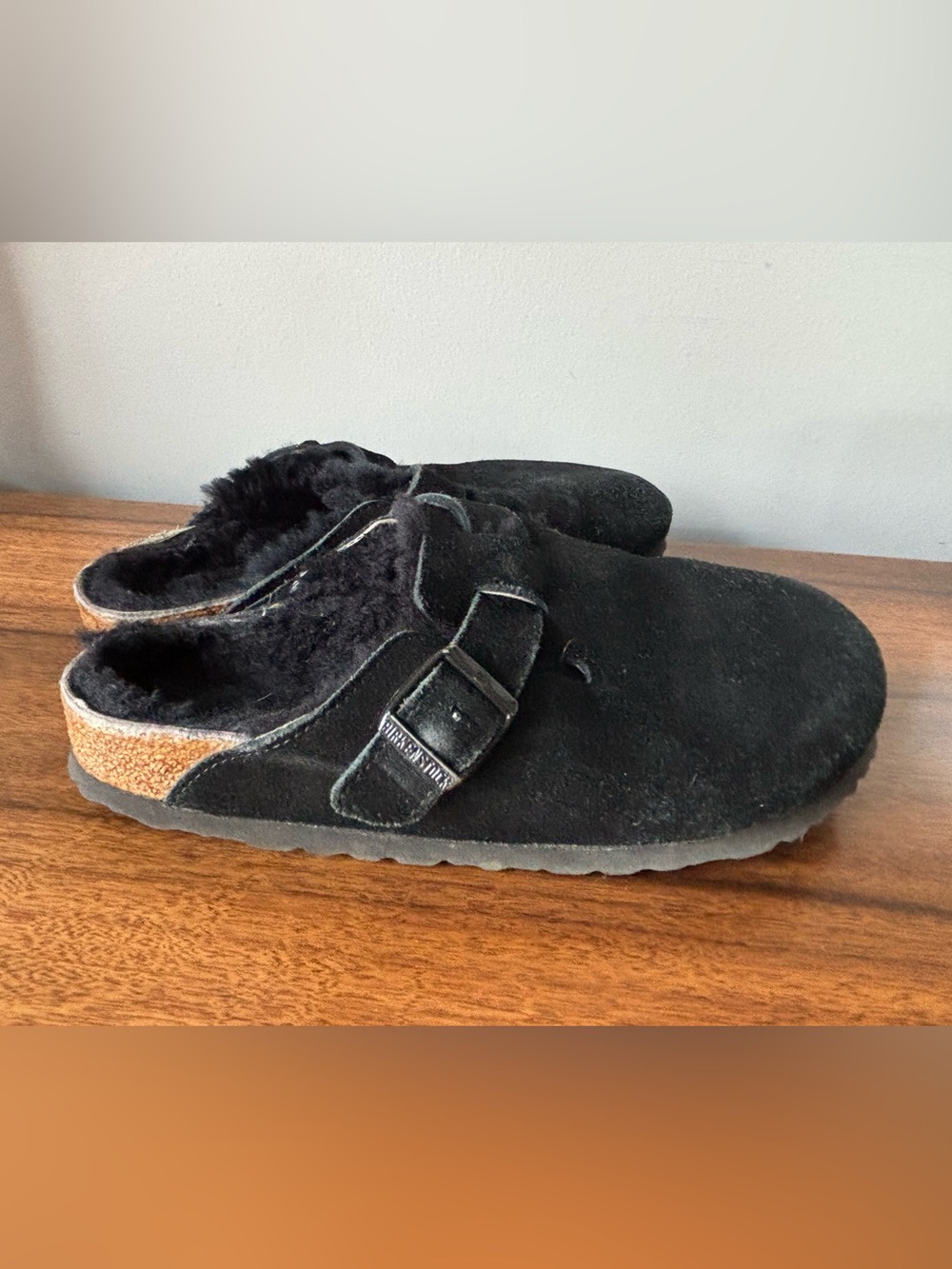Birkenstock Boston Shearling Black Suede Clogs Mules - Size 39 (US Women's 8-8.5
